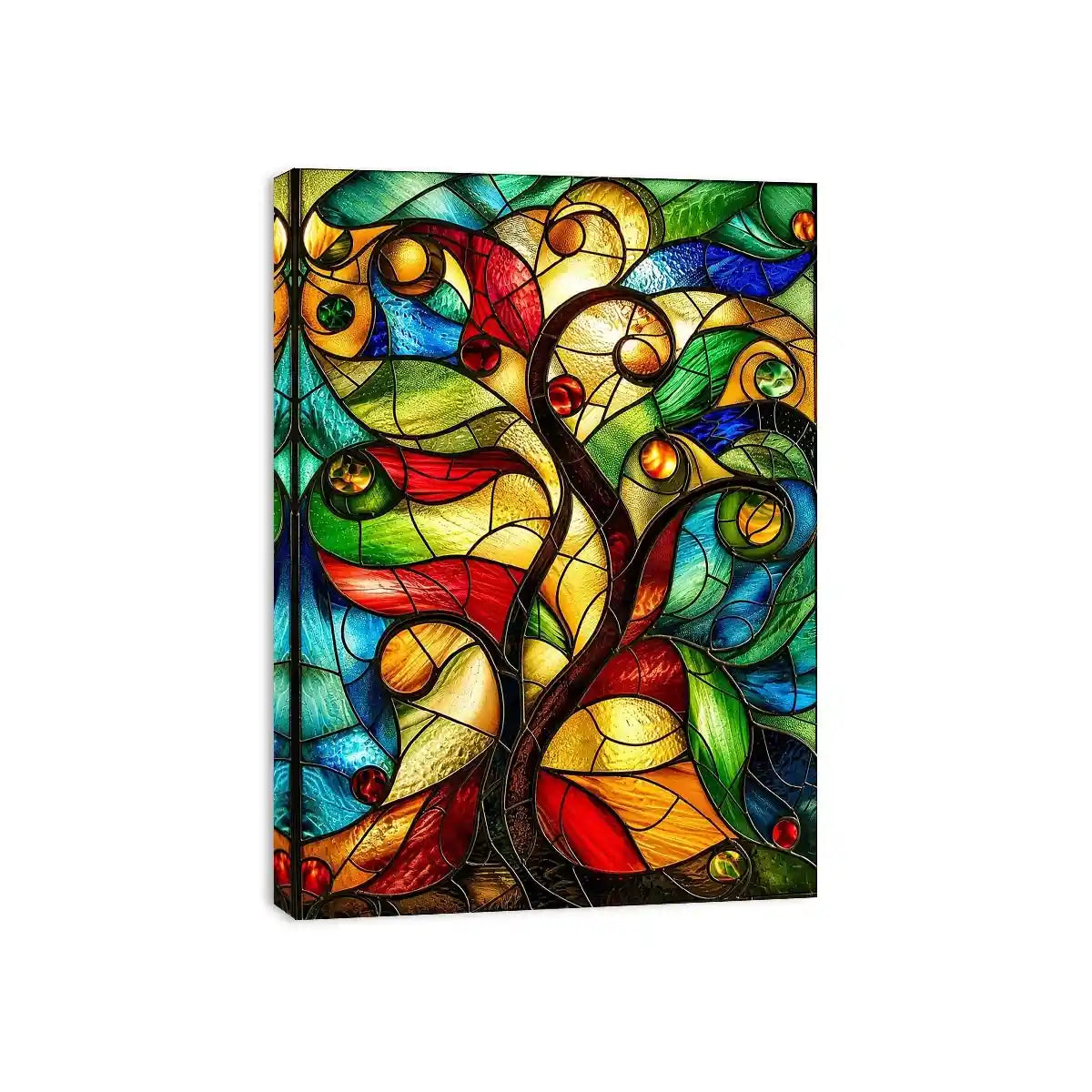 Abstract stained glass artwork with flowing organic curves and colorful jewel toned mosaic modern wall art canvas
