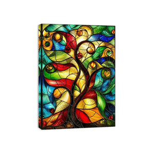 Abstract stained glass artwork with flowing organic curves and colorful jewel toned mosaic modern wall art canvas