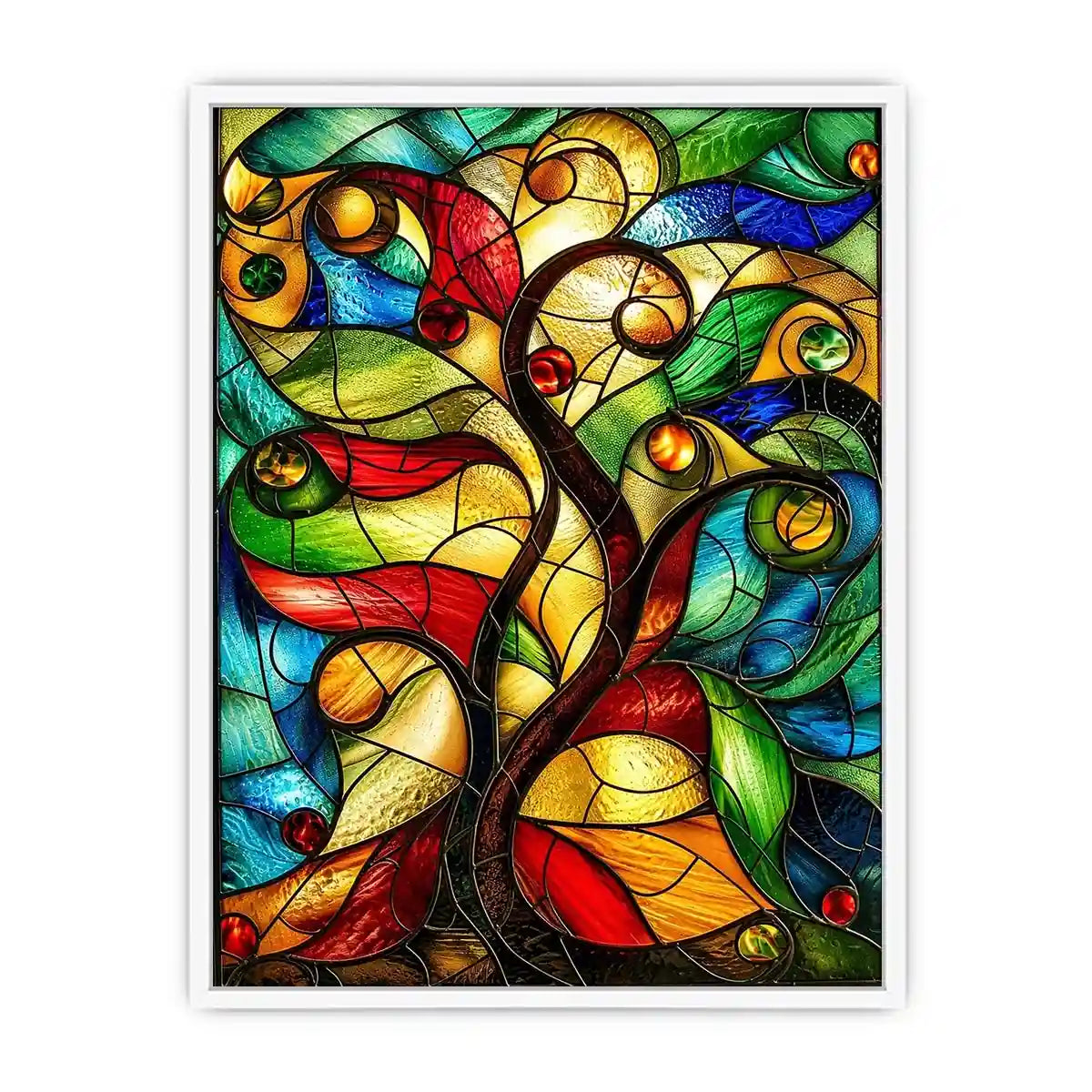 Abstract stained glass artwork with flowing organic curves and colorful jewel toned mosaic modern wall art canvas