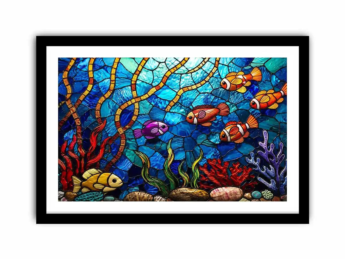 Colorful stained glass underwater scene with tropical fish coral and glowing blue ocean modern coastal wall art canvas