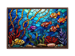 Colorful stained glass underwater scene with tropical fish coral and glowing blue ocean modern coastal wall art canvas