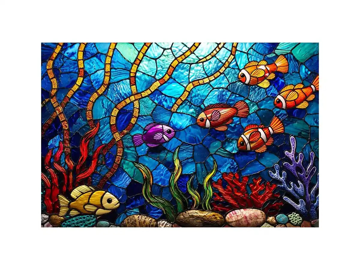 Colorful stained glass underwater scene with tropical fish coral and glowing blue ocean modern coastal wall art canvas