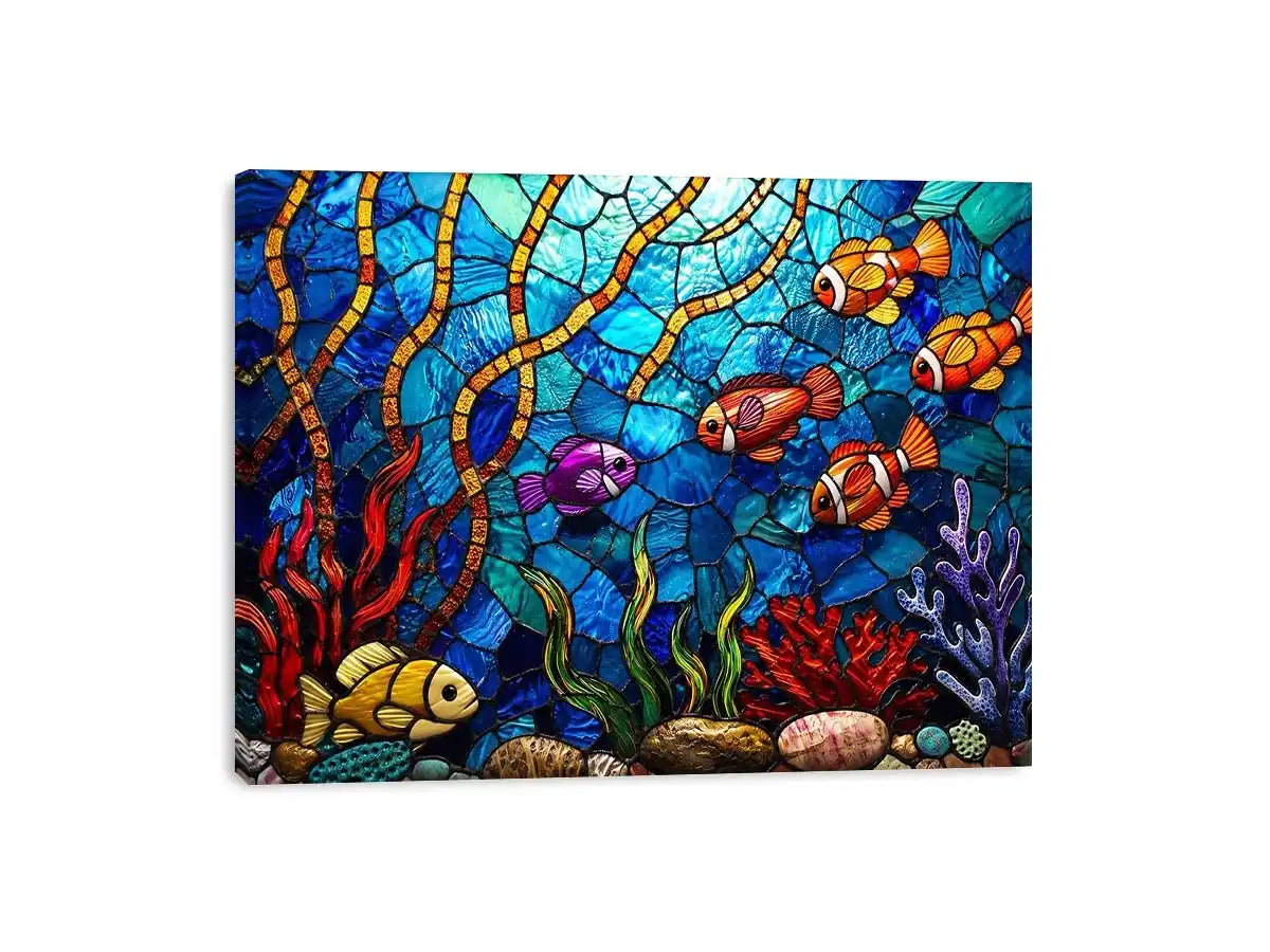 Colorful stained glass underwater scene with tropical fish coral and glowing blue ocean modern coastal wall art canvas