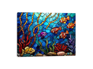 Colorful stained glass underwater scene with tropical fish coral and glowing blue ocean modern coastal wall art canvas