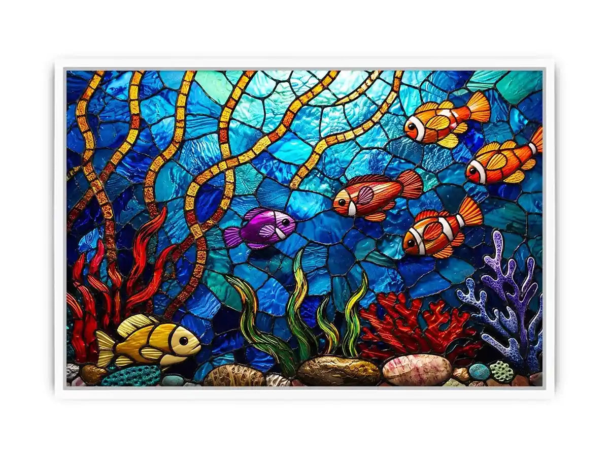 Colorful stained glass underwater scene with tropical fish coral and glowing blue ocean modern coastal wall art canvas