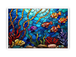 Colorful stained glass underwater scene with tropical fish coral and glowing blue ocean modern coastal wall art canvas