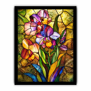 Colorful stained glass iris flower artwork with luminous mosaic textures and elegant botanical luxury wall art canvas