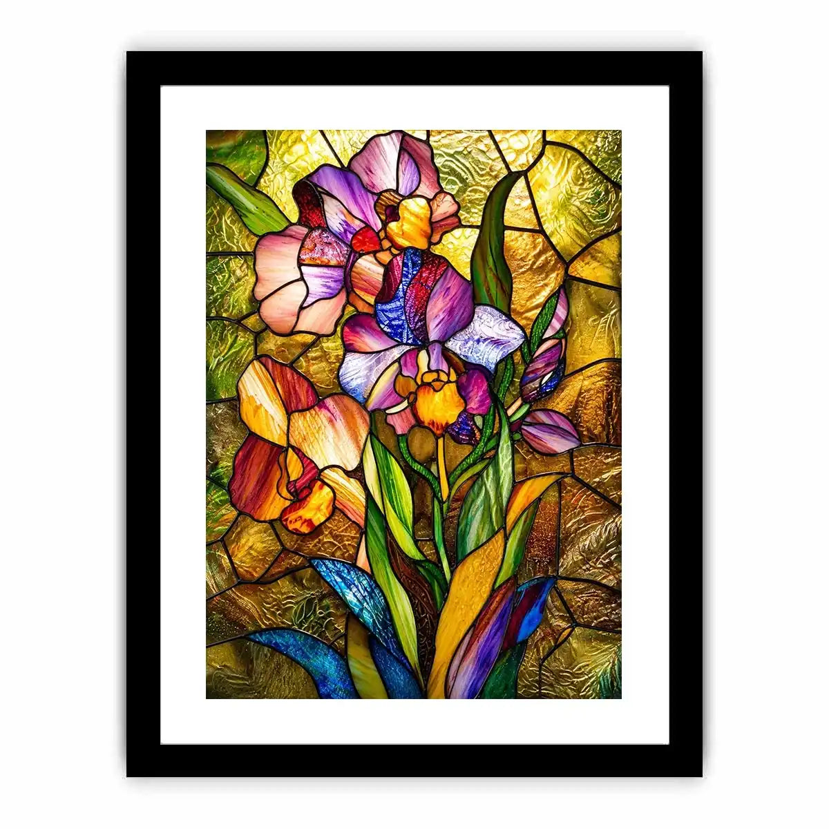 Colorful stained glass iris flower artwork with luminous mosaic textures and elegant botanical luxury wall art canvas