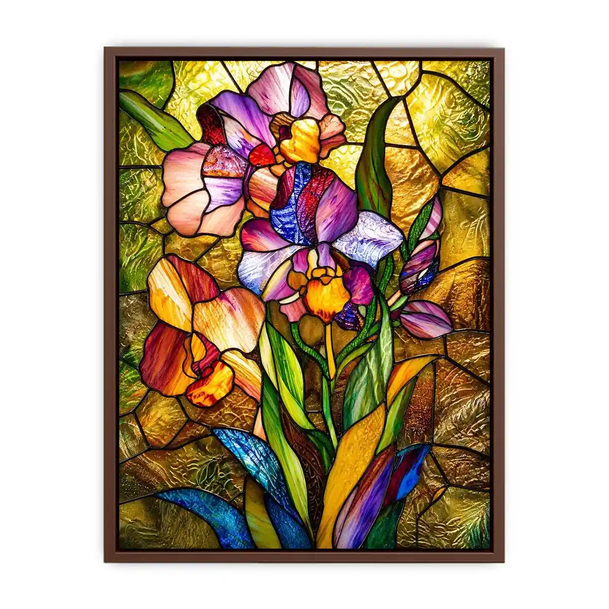 Colorful stained glass iris flower artwork with luminous mosaic textures and elegant botanical luxury wall art canvas