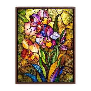 Colorful stained glass iris flower artwork with luminous mosaic textures and elegant botanical luxury wall art canvas