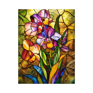 Colorful stained glass iris flower artwork with luminous mosaic textures and elegant botanical luxury wall art canvas
