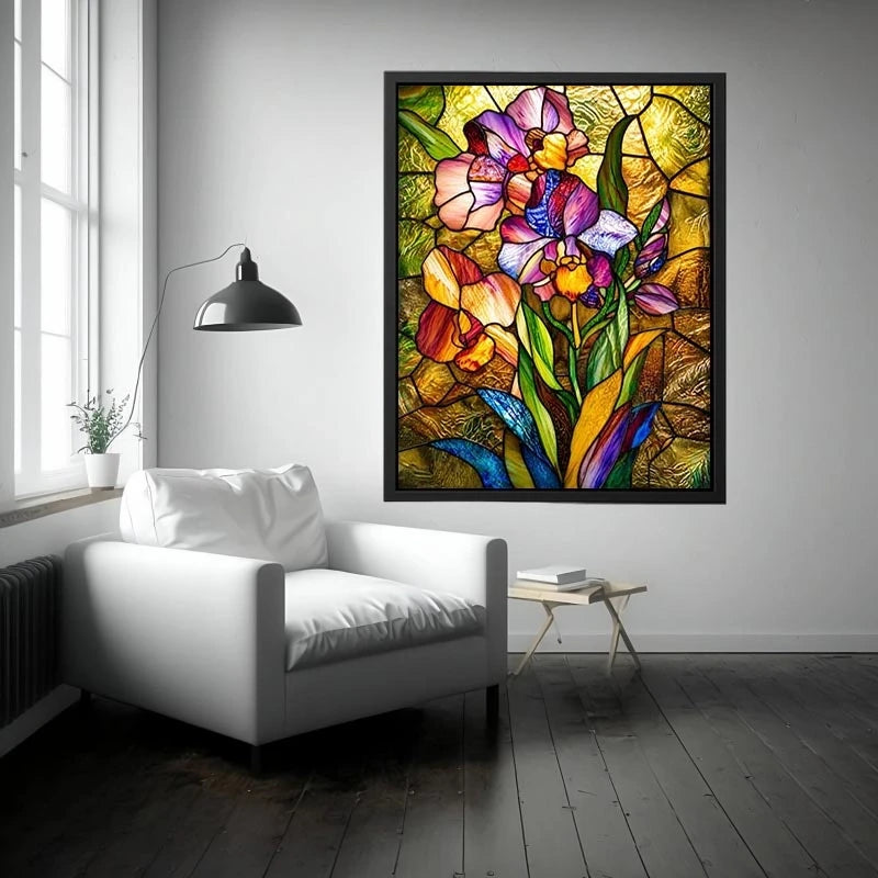 Colorful stained glass iris flower artwork with luminous mosaic textures and elegant botanical luxury wall art canvas