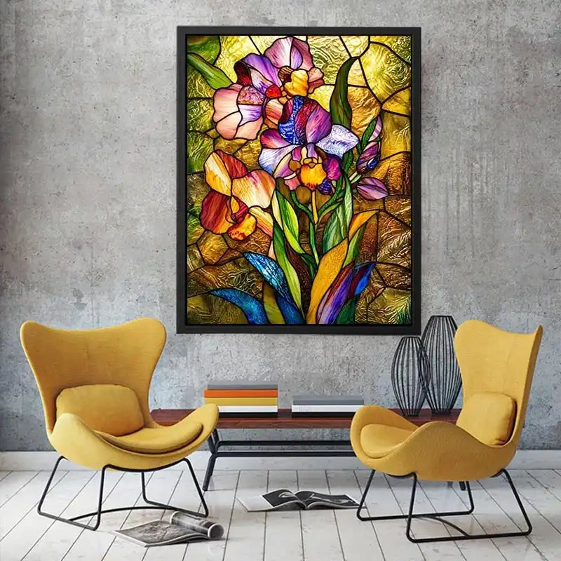 Colorful stained glass iris flower artwork with luminous mosaic textures and elegant botanical luxury wall art canvas