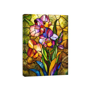 Colorful stained glass iris flower artwork with luminous mosaic textures and elegant botanical luxury wall art canvas
