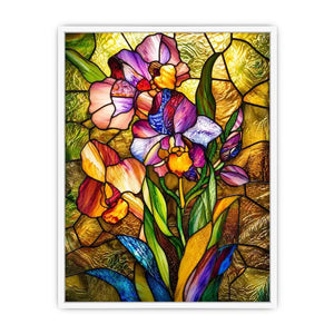 Colorful stained glass iris flower artwork with luminous mosaic textures and elegant botanical luxury wall art canvas