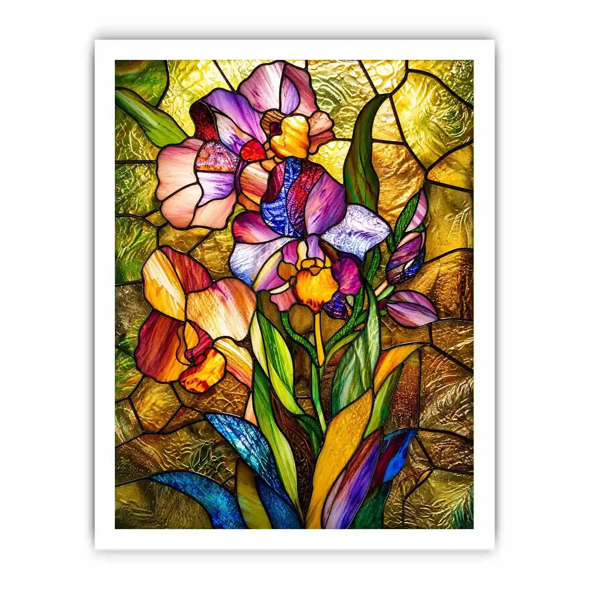 Colorful stained glass iris flower artwork with luminous mosaic textures and elegant botanical luxury wall art canvas