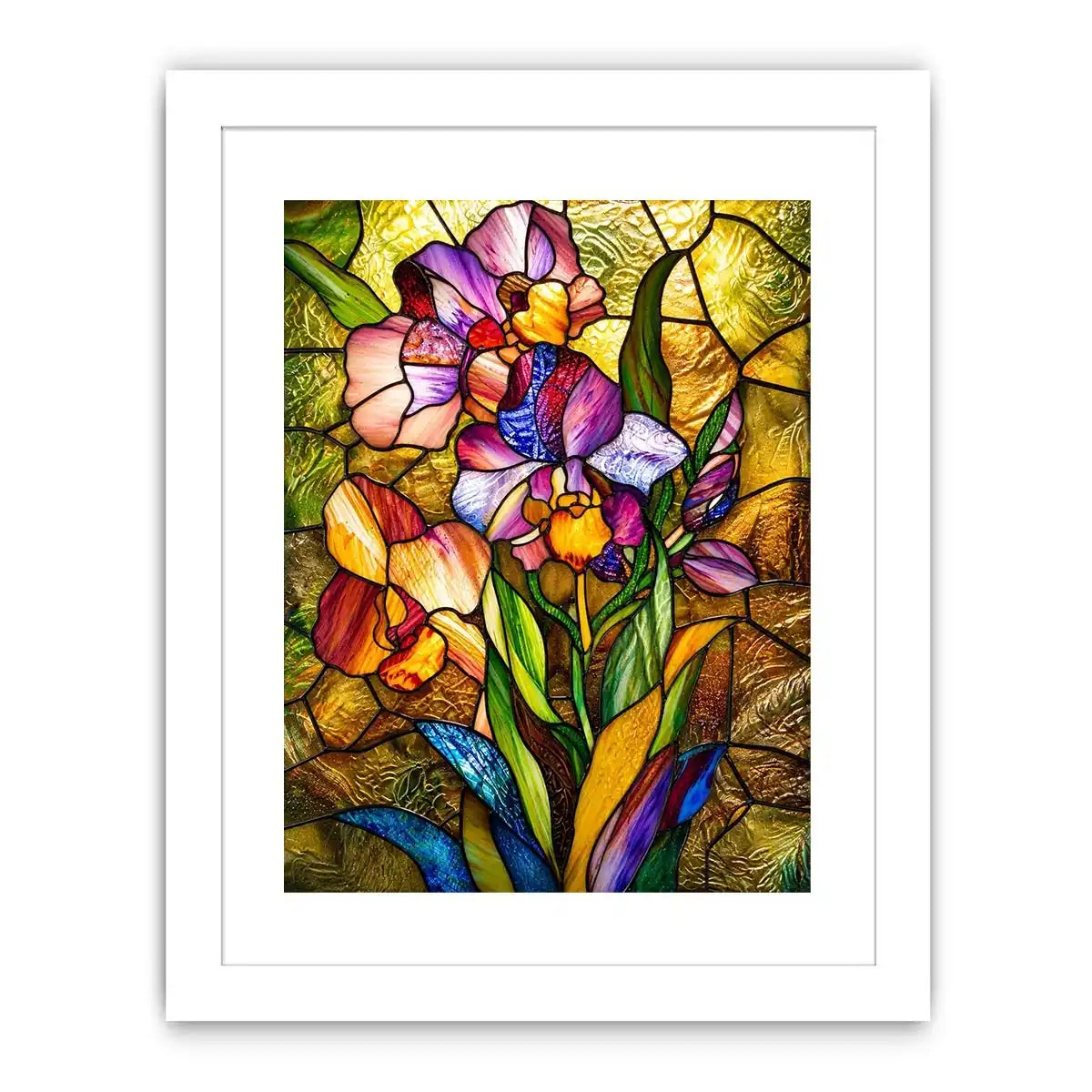 Colorful stained glass iris flower artwork with luminous mosaic textures and elegant botanical luxury wall art canvas