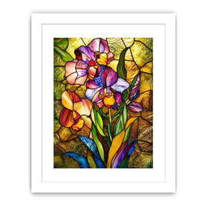 Colorful stained glass iris flower artwork with luminous mosaic textures and elegant botanical luxury wall art canvas