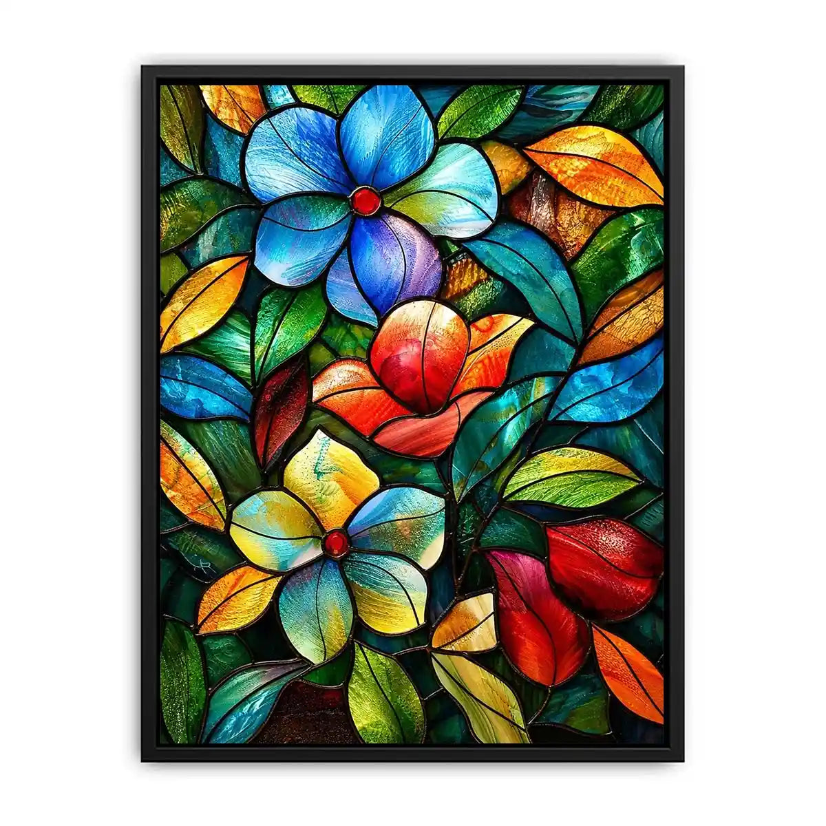 Colorful stained glass floral artwork with vibrant petals and flowing botanical mosaic textures luxury wall art canvas