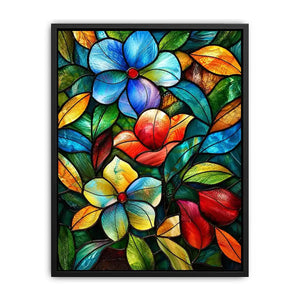 Colorful stained glass floral artwork with vibrant petals and flowing botanical mosaic textures luxury wall art canvas
