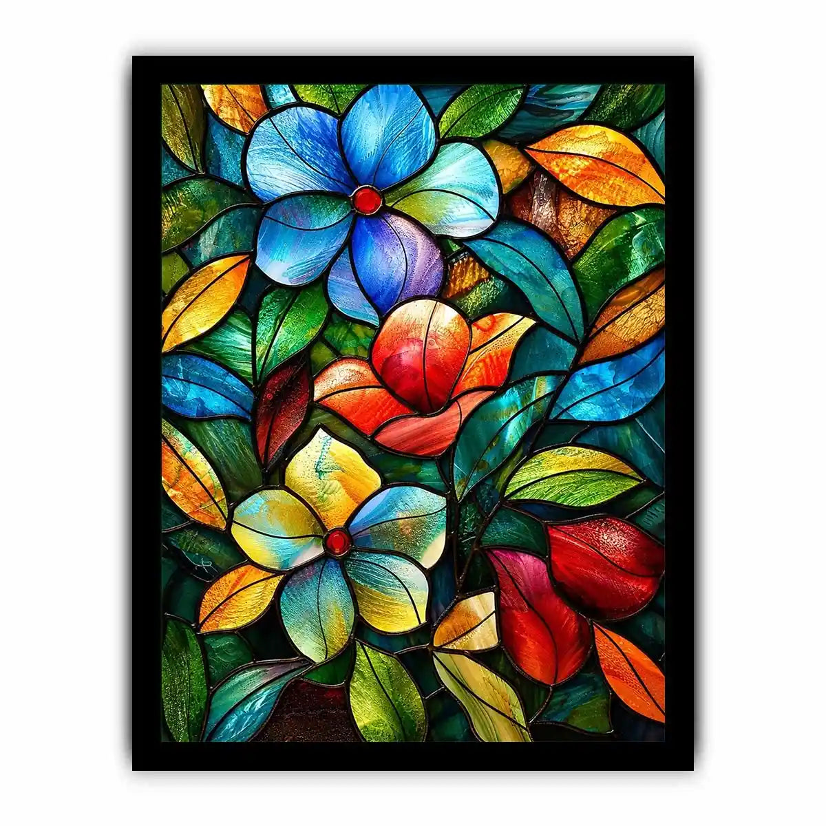 Colorful stained glass floral artwork with vibrant petals and flowing botanical mosaic textures luxury wall art canvas