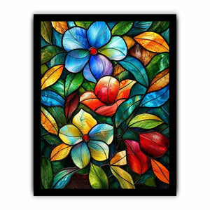 Colorful stained glass floral artwork with vibrant petals and flowing botanical mosaic textures luxury wall art canvas