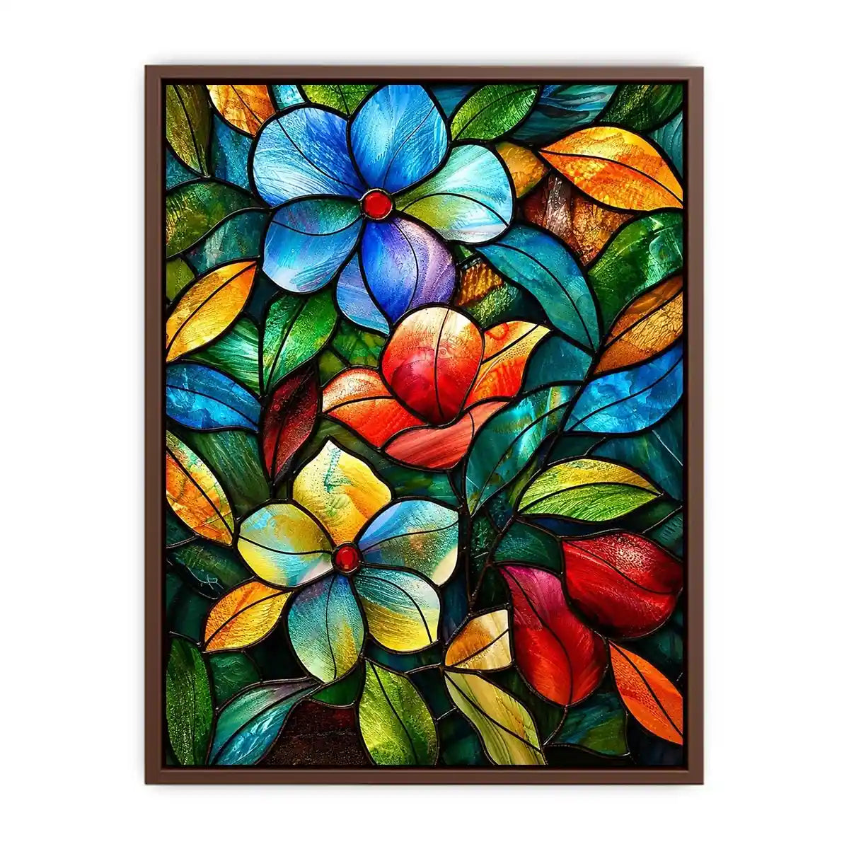 Colorful stained glass floral artwork with vibrant petals and flowing botanical mosaic textures luxury wall art canvas