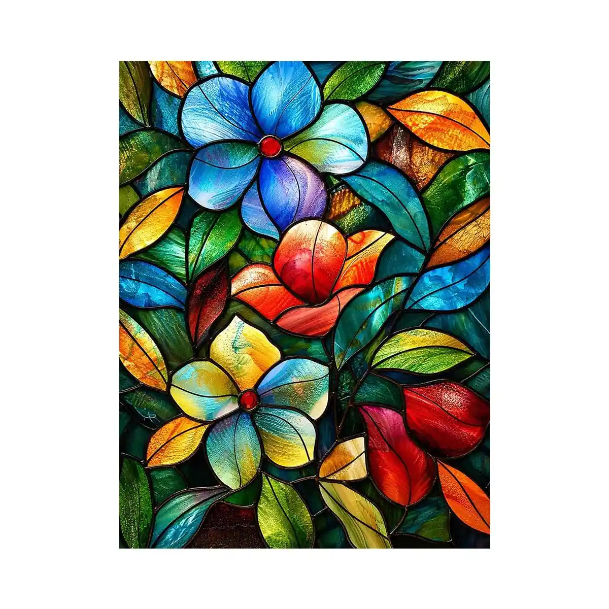 Colorful stained glass floral artwork with vibrant petals and flowing botanical mosaic textures luxury wall art canvas