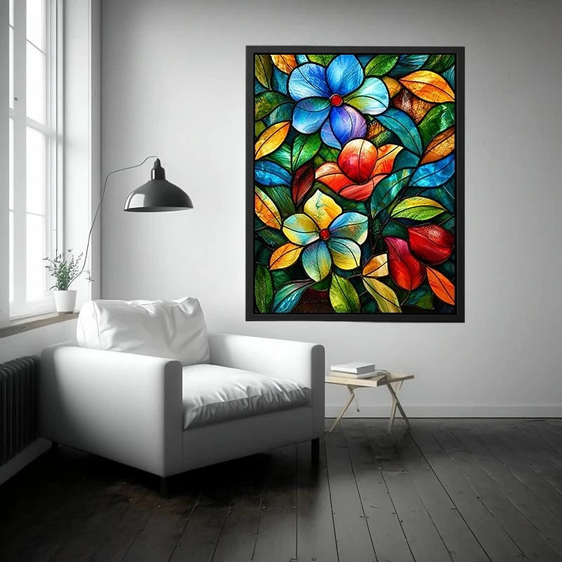 Colorful stained glass floral artwork with vibrant petals and flowing botanical mosaic textures luxury wall art canvas