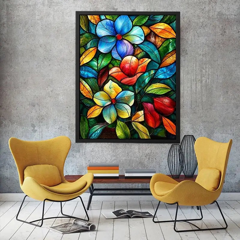 Colorful stained glass floral artwork with vibrant petals and flowing botanical mosaic textures luxury wall art canvas