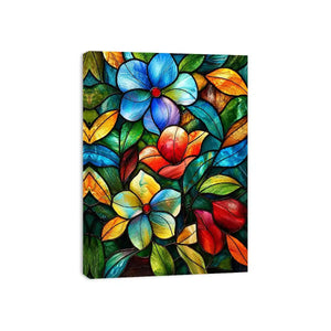 Colorful stained glass floral artwork with vibrant petals and flowing botanical mosaic textures luxury wall art canvas