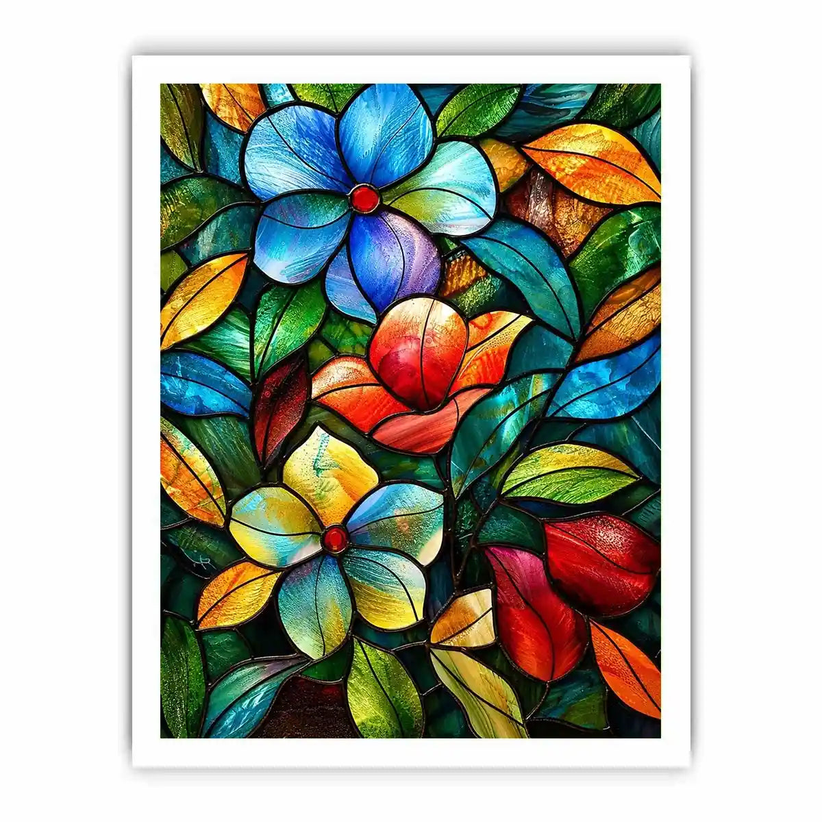 Colorful stained glass floral artwork with vibrant petals and flowing botanical mosaic textures luxury wall art canvas