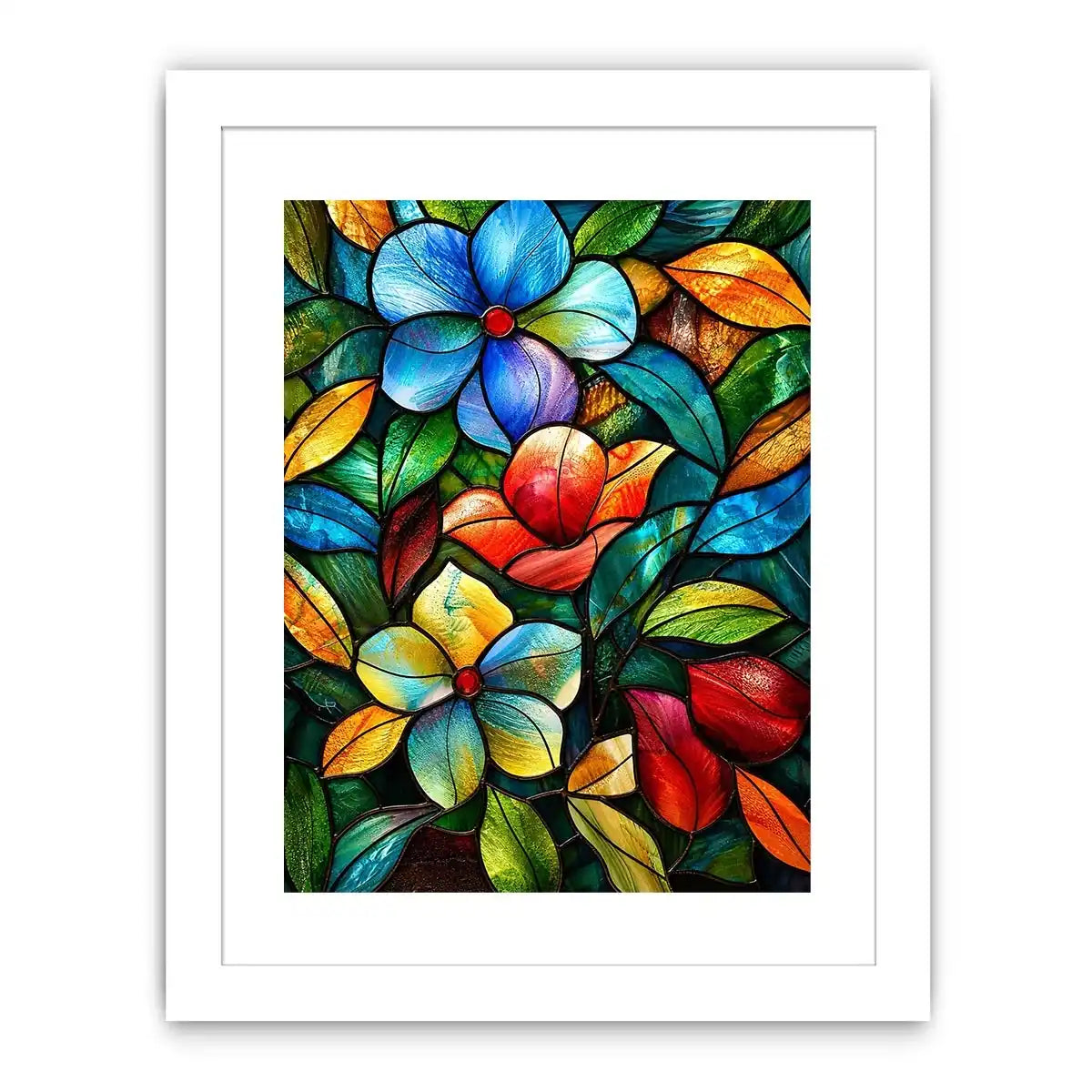 Colorful stained glass floral artwork with vibrant petals and flowing botanical mosaic textures luxury wall art canvas
