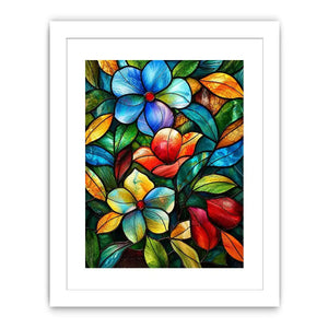 Colorful stained glass floral artwork with vibrant petals and flowing botanical mosaic textures luxury wall art canvas