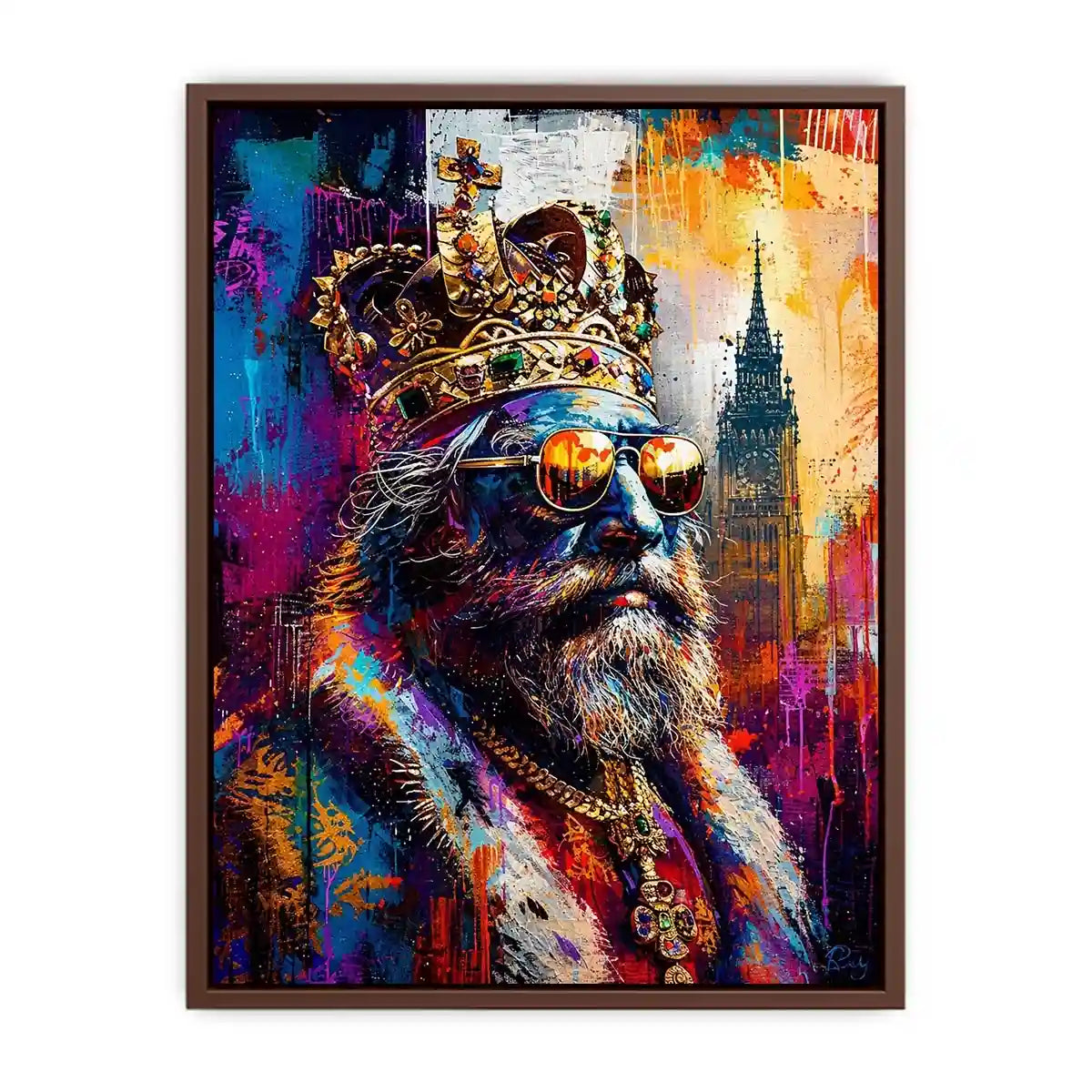 Colorful urban king portrait with crown and sunglasses in graffiti art style