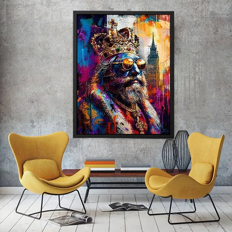 Colorful urban king portrait with crown and sunglasses in graffiti art style
