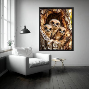 Cute baby owls inside rustic tree hollow woodland animal nature wall art canvas