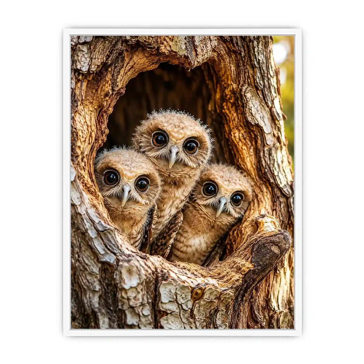 Cute baby owls inside rustic tree hollow woodland animal nature wall art canvas