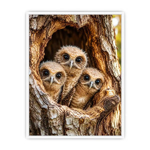 Cute baby owls inside rustic tree hollow woodland animal nature wall art canvas