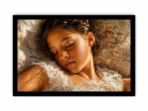 Dreamy sleeping girl portrait canvas wall art in soft neutral luxury tones for elegant modern bedroom interiors