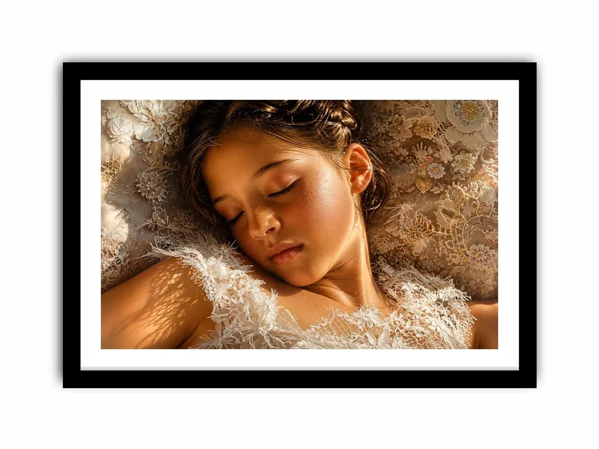 Dreamy sleeping girl portrait canvas wall art in soft neutral luxury tones for elegant modern bedroom interiors