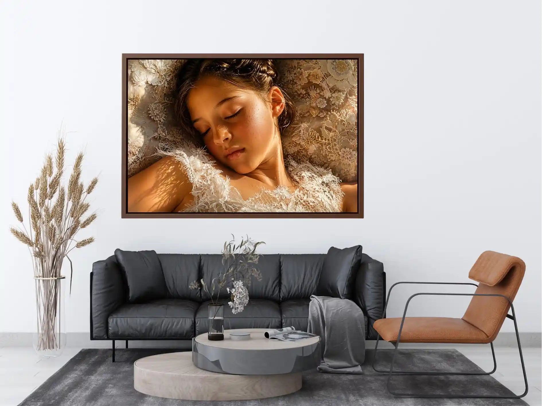 Dreamy sleeping girl portrait canvas wall art in soft neutral luxury tones for elegant modern bedroom interiors
