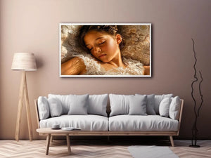Dreamy sleeping girl portrait canvas wall art in soft neutral luxury tones for elegant modern bedroom interiors