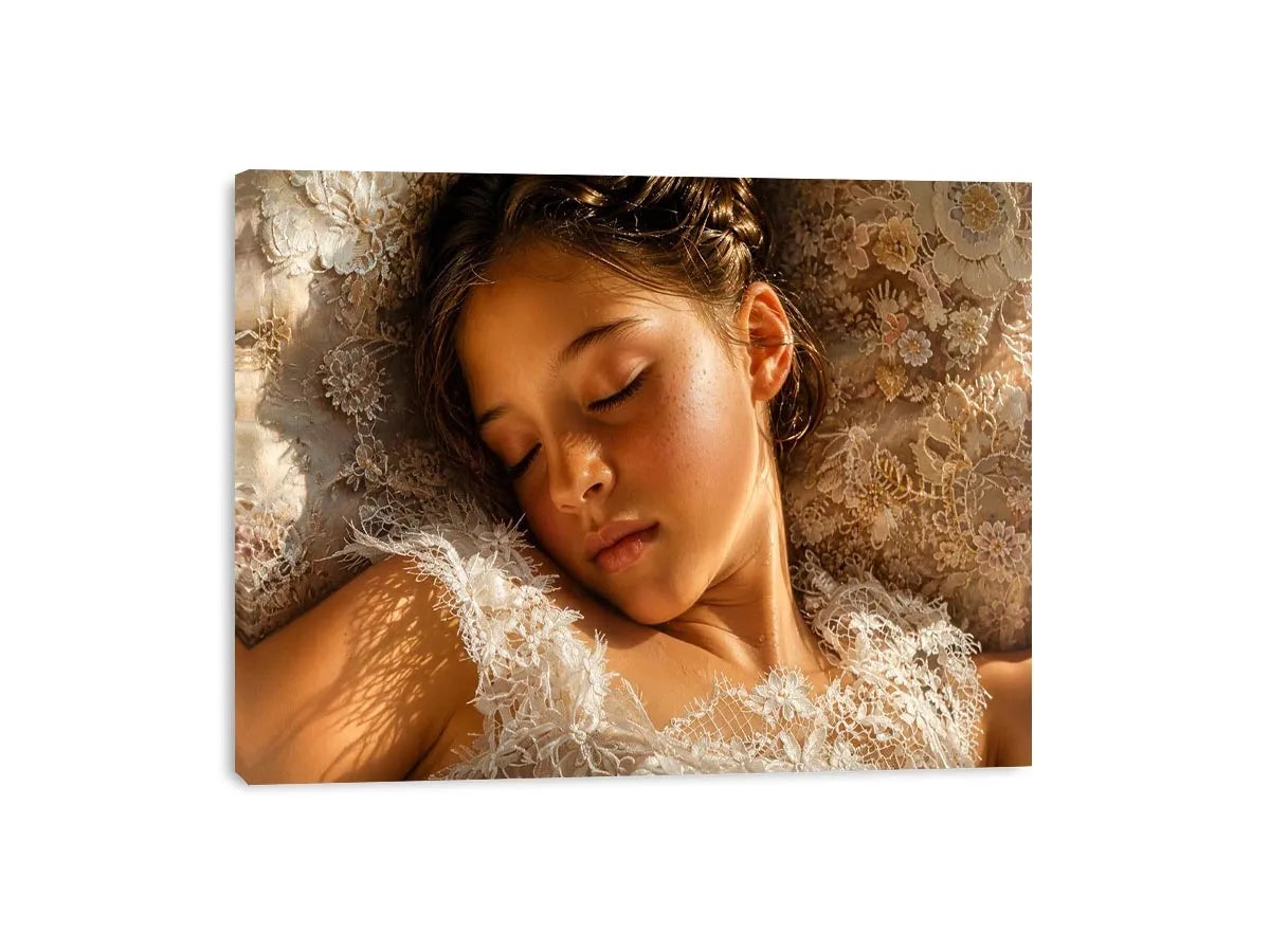 Dreamy sleeping girl portrait canvas wall art in soft neutral luxury tones for elegant modern bedroom interiors