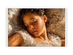 Dreamy sleeping girl portrait canvas wall art in soft neutral luxury tones for elegant modern bedroom interiors