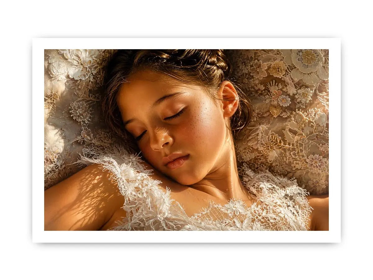 Dreamy sleeping girl portrait canvas wall art in soft neutral luxury tones for elegant modern bedroom interiors