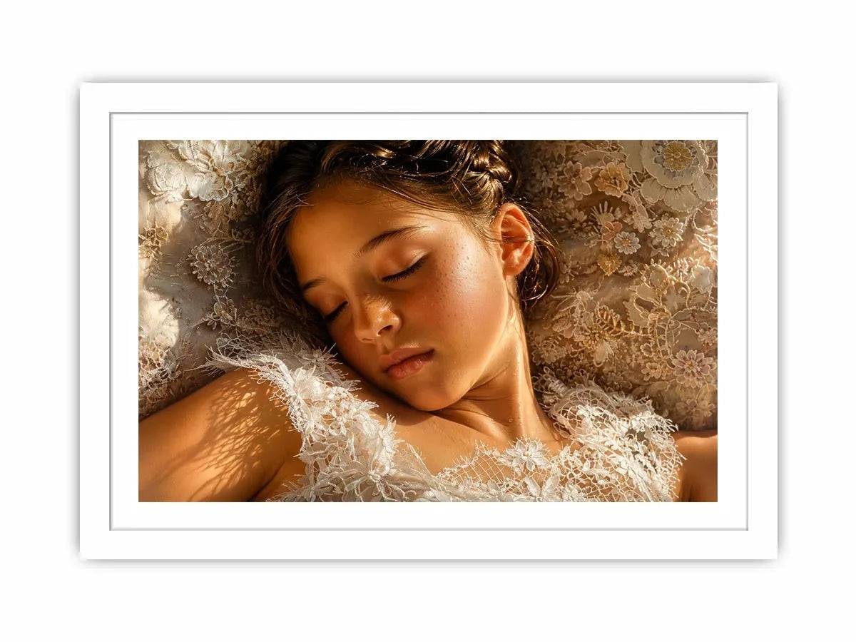 Dreamy sleeping girl portrait canvas wall art in soft neutral luxury tones for elegant modern bedroom interiors