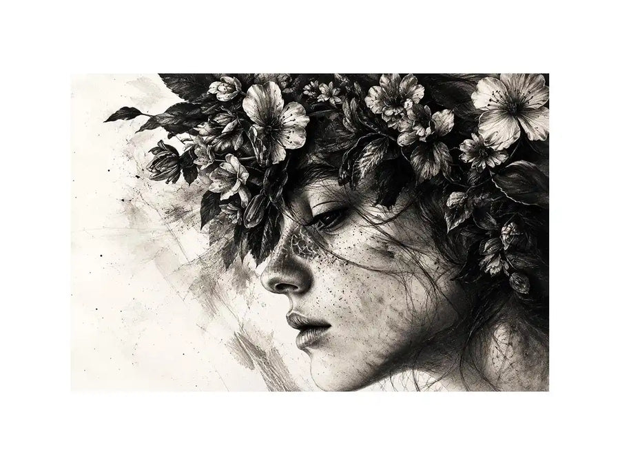 Black and white floral woman portrait wall art with dramatic modern luxury styling and fine art sketch texture