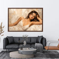 Elegant sleeping woman canvas wall art with soft neutral impasto textures and modern luxury interior styling