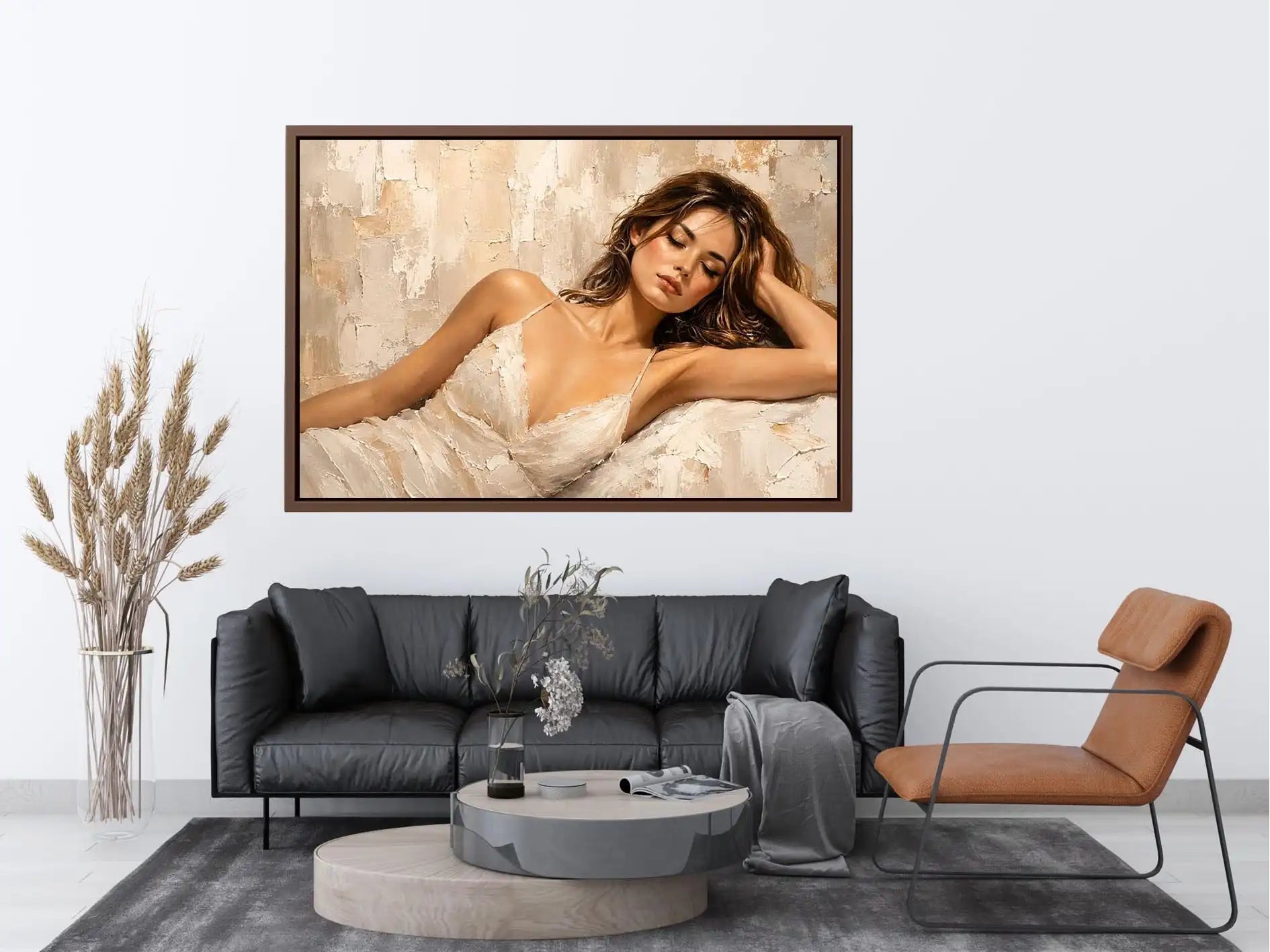Elegant sleeping woman canvas wall art with soft neutral impasto textures and modern luxury interior styling